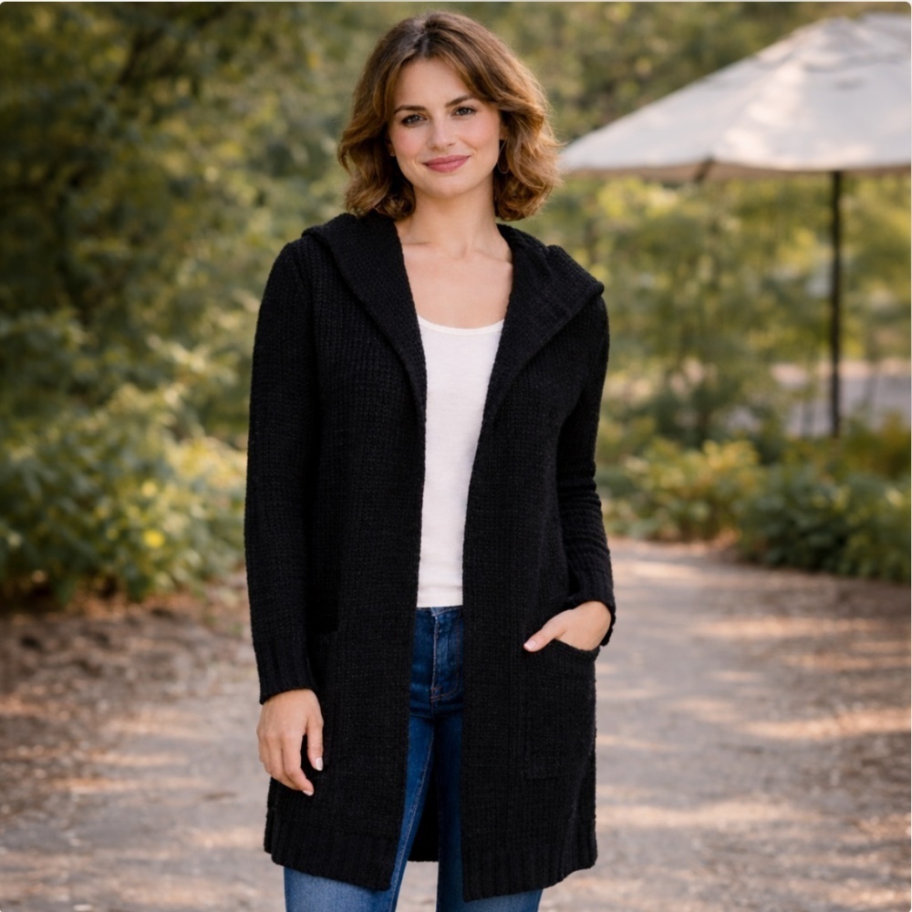 Vince Hooded Open Front Cardigan Sweater — Black — Size Medium